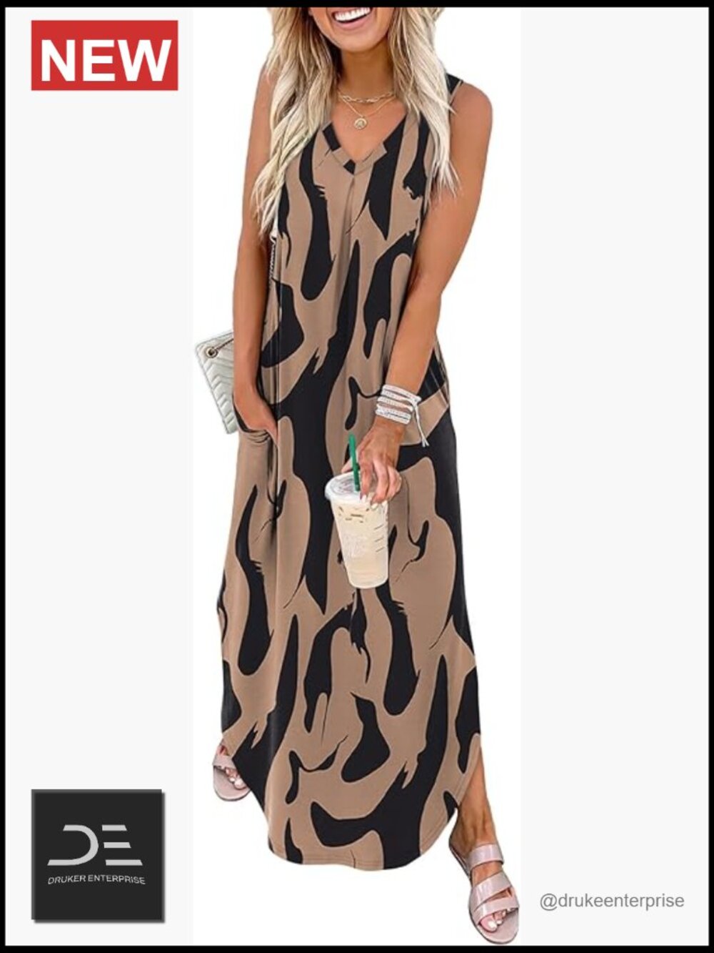 Maxi Dress with Pockets V Neck Sleeveless Side Slit Casual Beach Sundress
